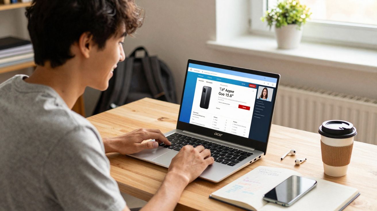 Jovem usando laptop em mesa com café, caderno e fones, pesquisando produto online em ambiente iluminado.