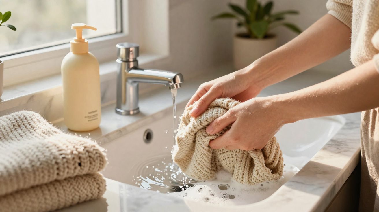 Mãos lavando um tecido tricô bege em pia com água corrente e sabonete líquido ao lado.