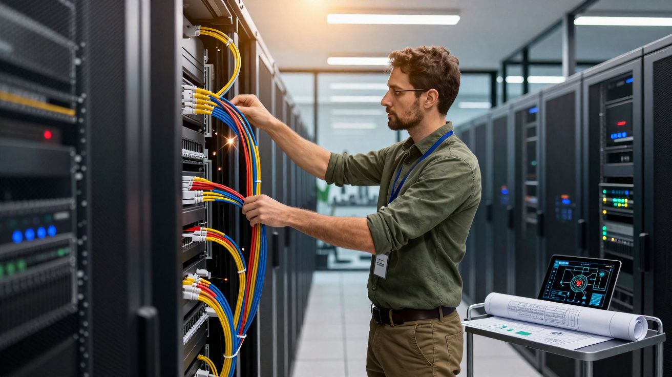 Homem trabalhando na manutenção de cabos coloridos em servidores numa sala de data center.
