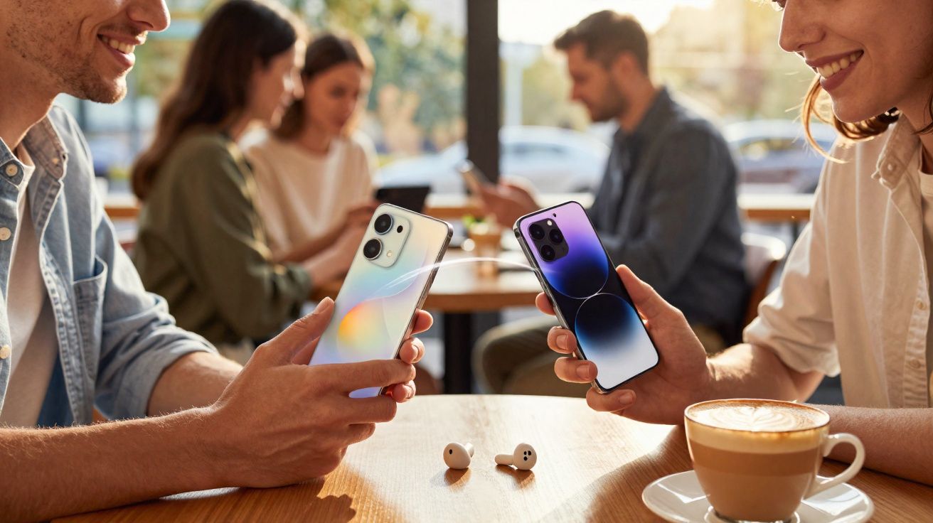 Duas pessoas segurando smartphones em uma cafeteria, com café e fones de ouvido sobre a mesa.
