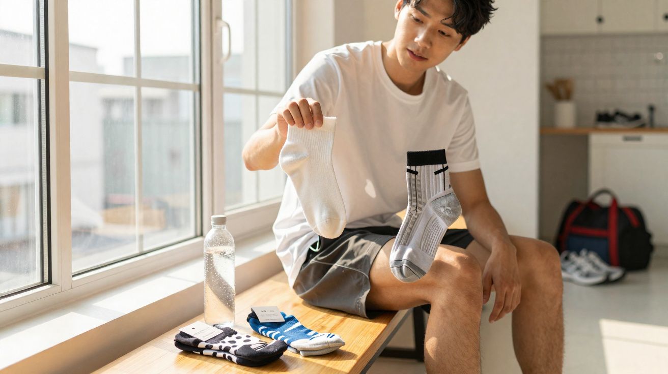 Homem sentado em banco segurando dois pares diferentes de meias em ambiente iluminado.