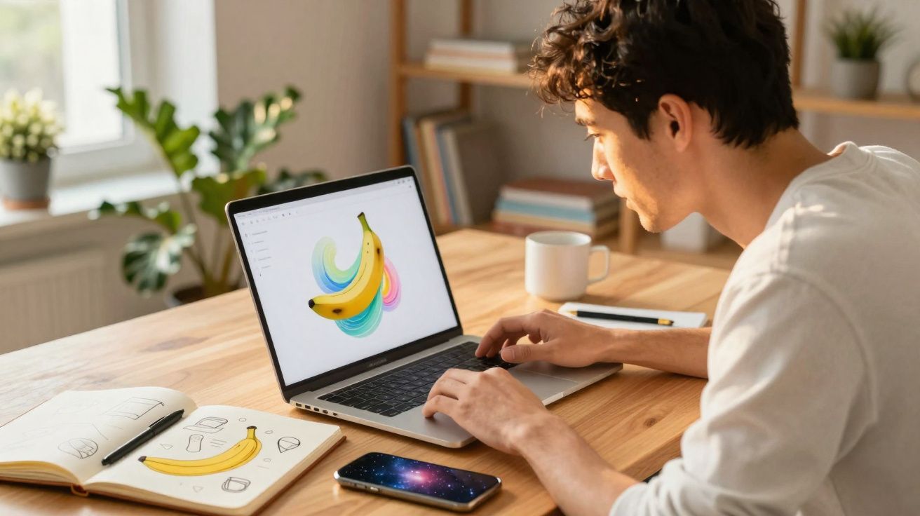 Jovem editando ilustração digital de banana no notebook com esboço da fruta ao lado em caderno aberto.