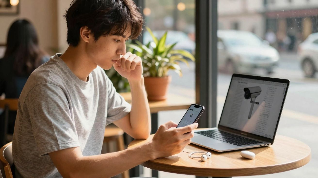 Jovem sentado em café usando celular com laptop aberto mostrando imagem de câmera de segurança.