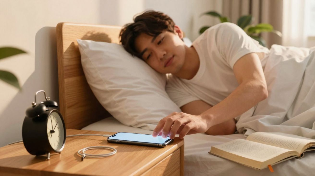 Homem deitado na cama, estendendo a mão para pegar um celular sobre a mesa ao lado, com livro aberto ao lado.