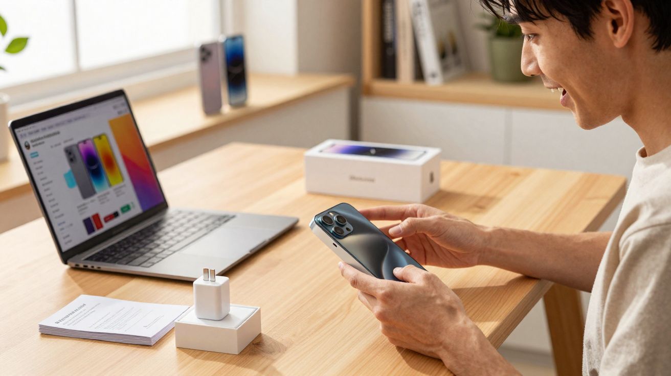 Pessoa segurando smartphone cinza próximo a laptop, carregador e caixa na mesa de madeira.