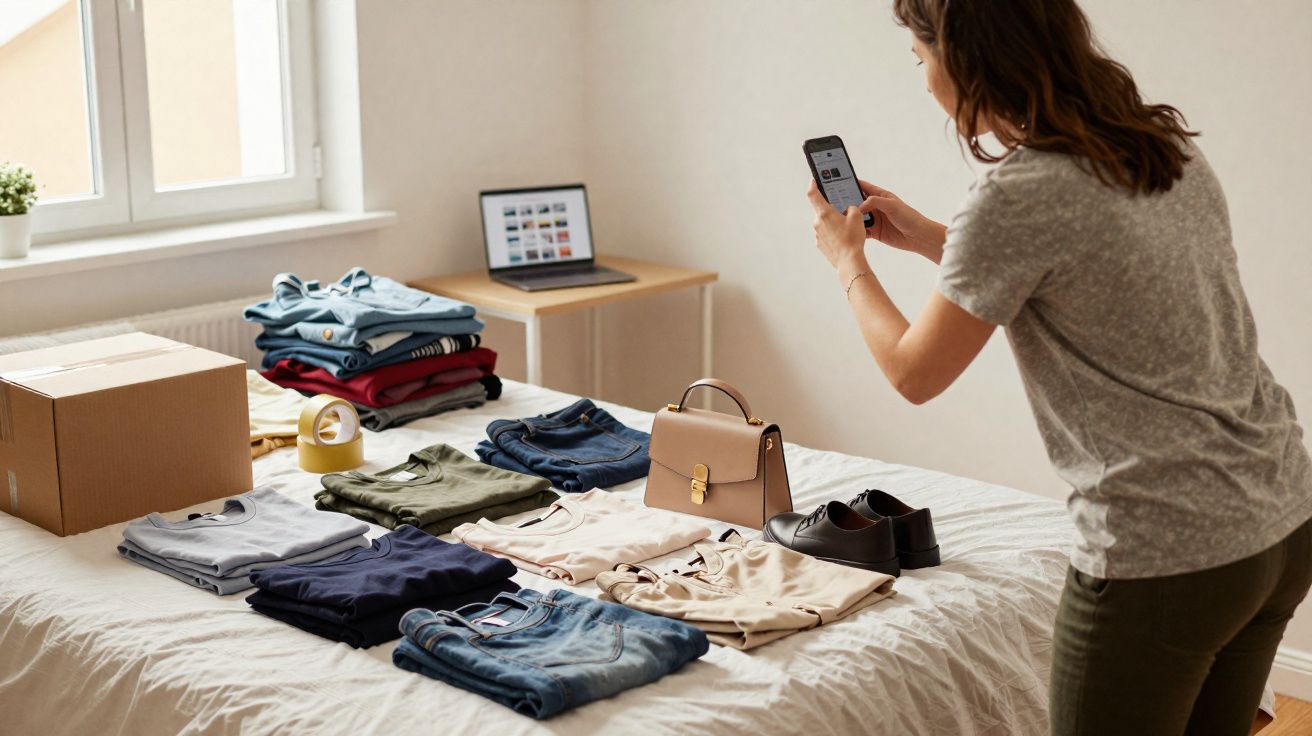 Mulher fotografando roupas e acessórios organizados na cama para venda online.