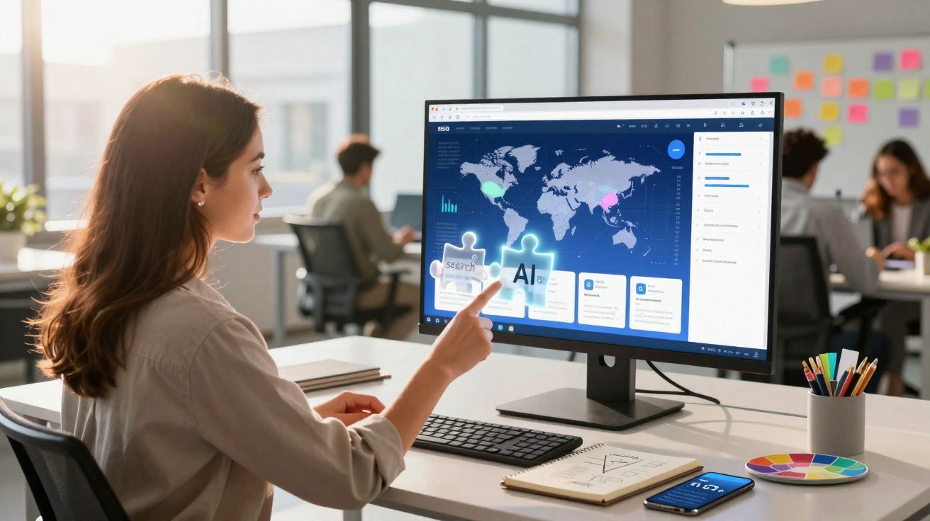 Mulher trabalhando em escritório com tela mostrando mapa mundial e ícones de inteligência artificial.