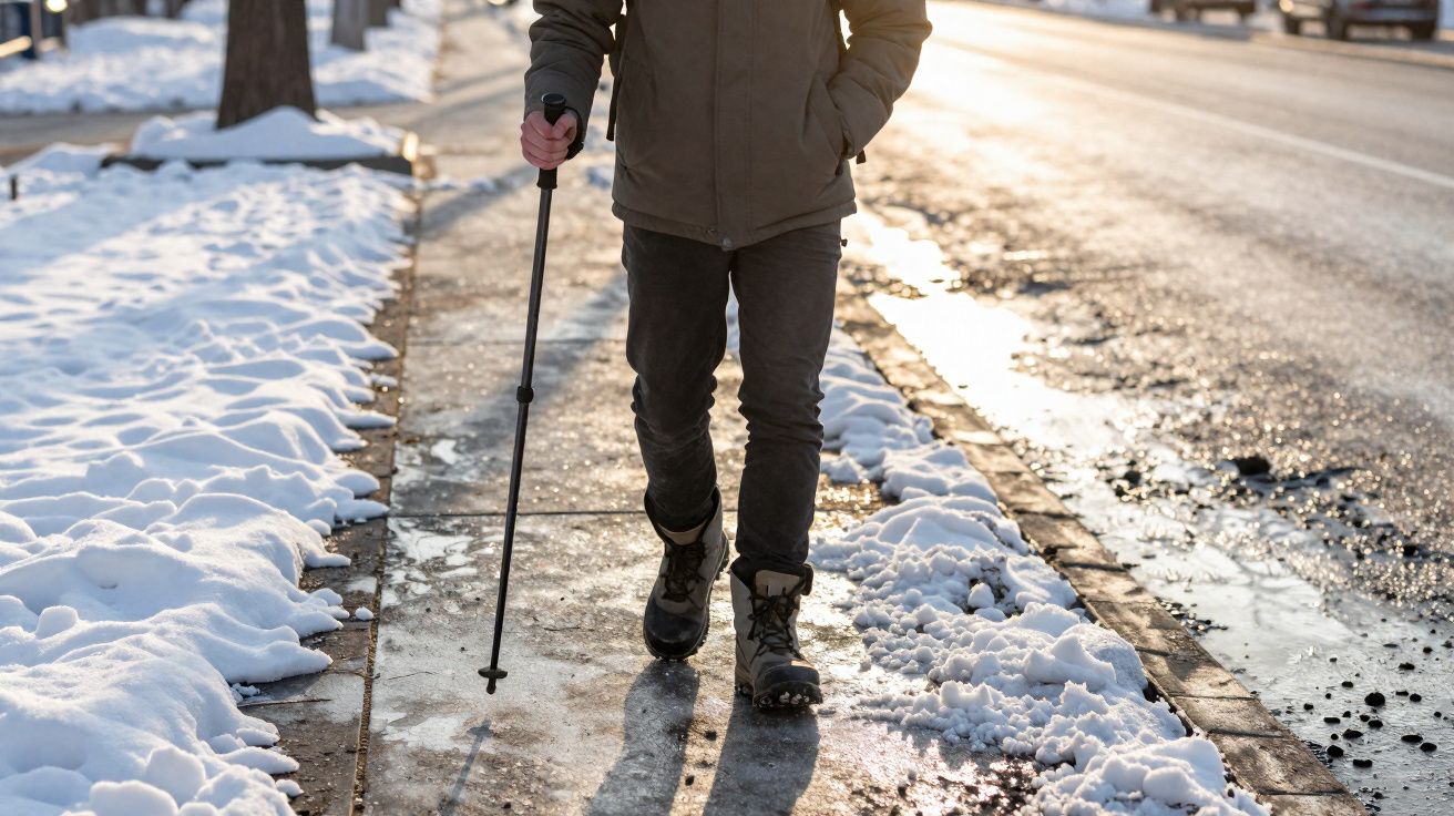 Pessoa caminhando com bastão em calçada de inverno coberta de neve ao sol da manhã.