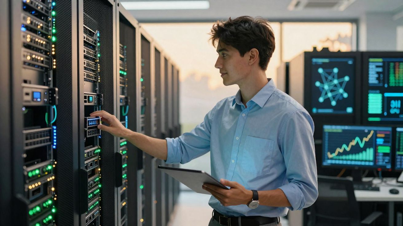 Técnico em TI ajusta servidor em data center com telas de monitoramento ao fundo.