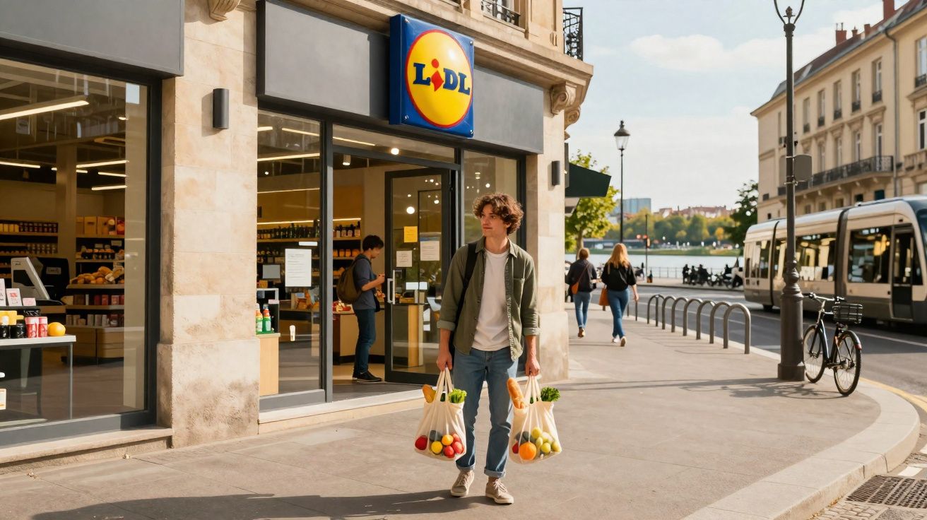 Jovem saindo de supermercado Lidl com sacolas ecológicas cheias de frutas na calçada urbanizada.
