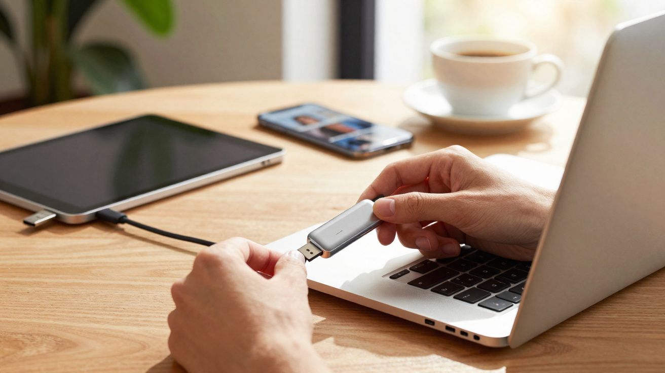 Pessoa conectando pen drive em notebook sobre mesa com tablet, celular e xícara de café ao fundo.