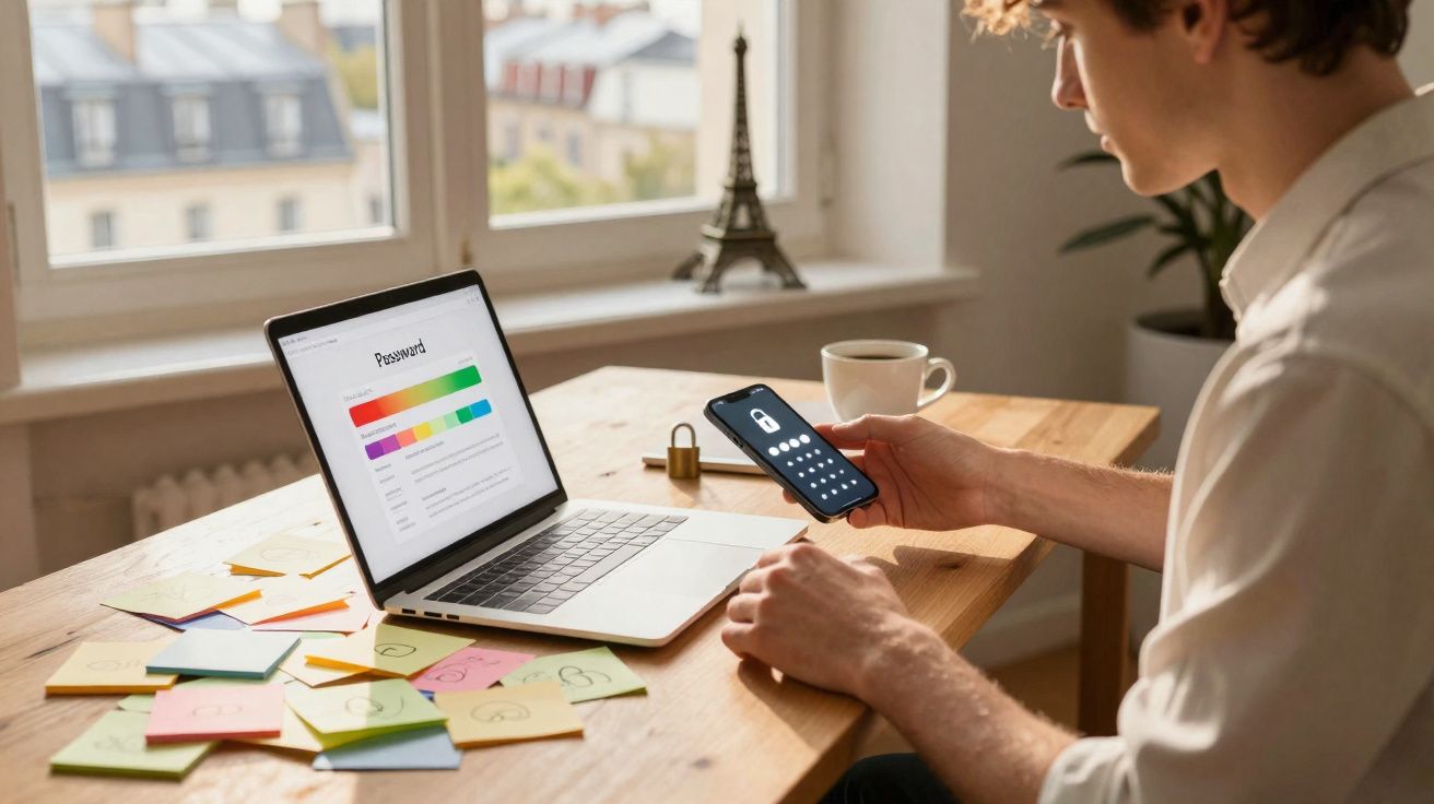 Pessoa segurando celular com senha na tela, laptop aberto e post-its coloridos em mesa próxima a janela.