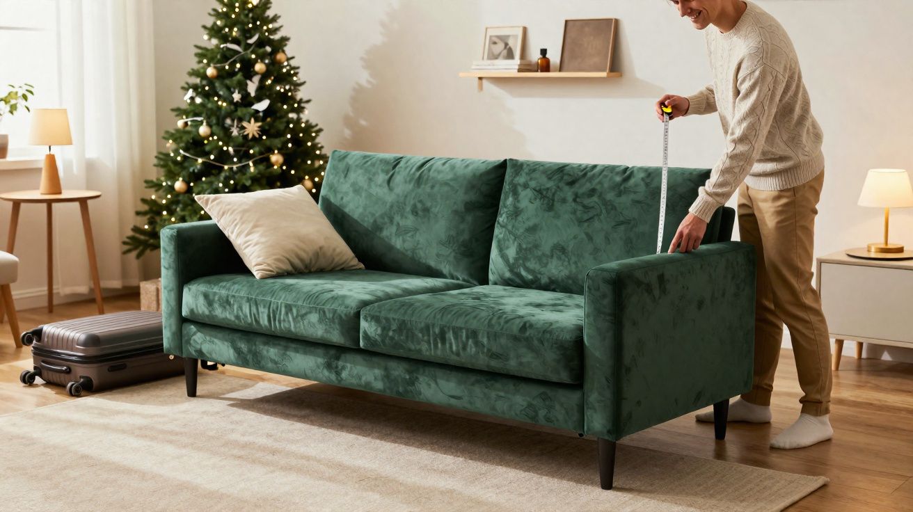 Pessoa medindo sofá verde em sala com árvore de Natal decorada ao fundo