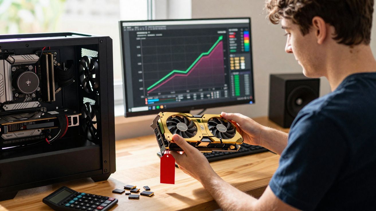 Jovem segurando placa de vídeo ao lado de computador aberto e monitor com gráfico financeiro na mesa de trabalho.
