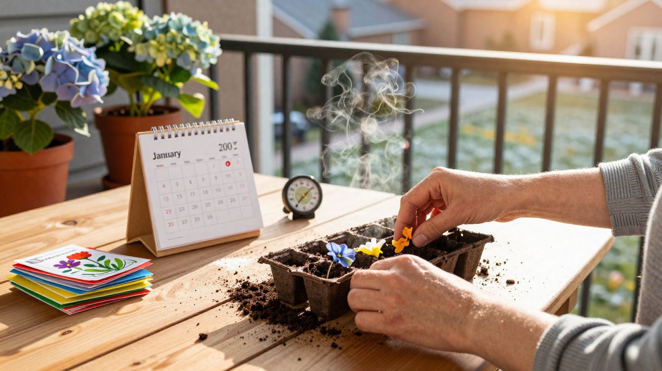 Mãos plantando flores em vasos com terra sobre mesa de madeira em varanda com plantas e calendário.