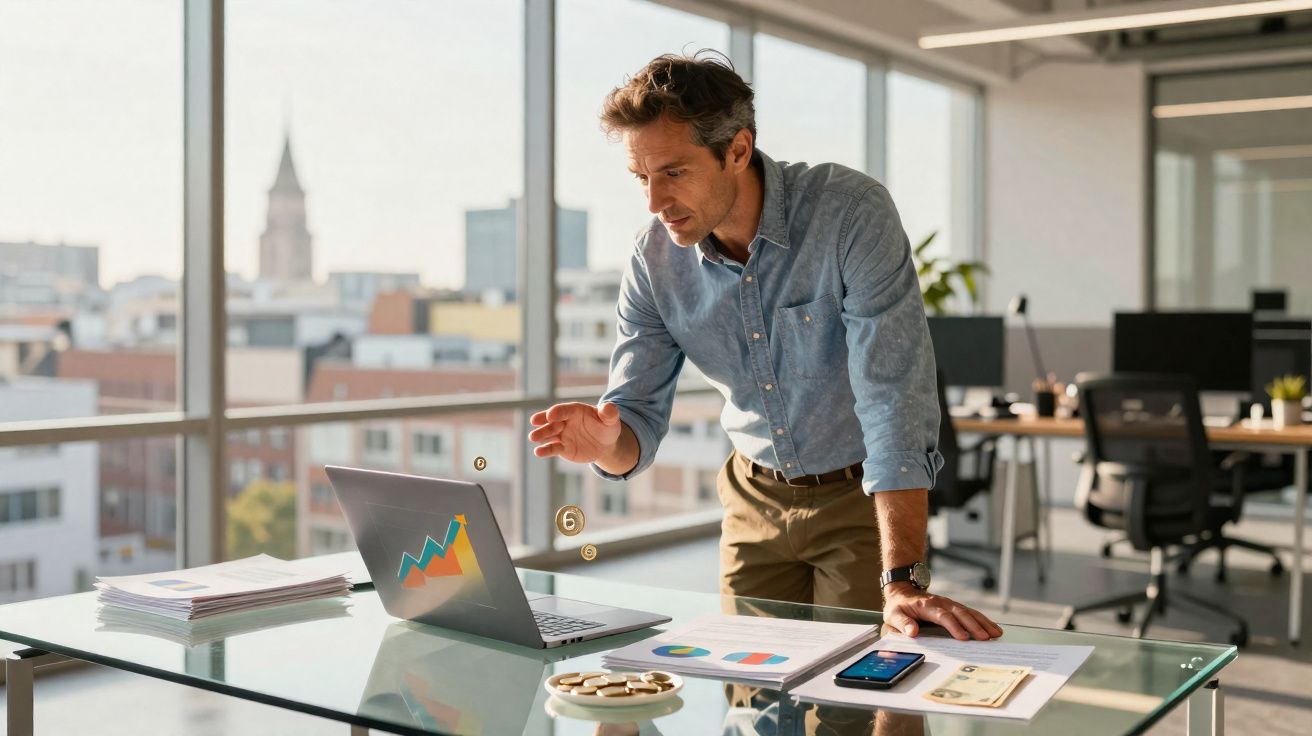 Homem em escritório moderno joga moedas para laptop com gráficos financeiros visíveis na tela.