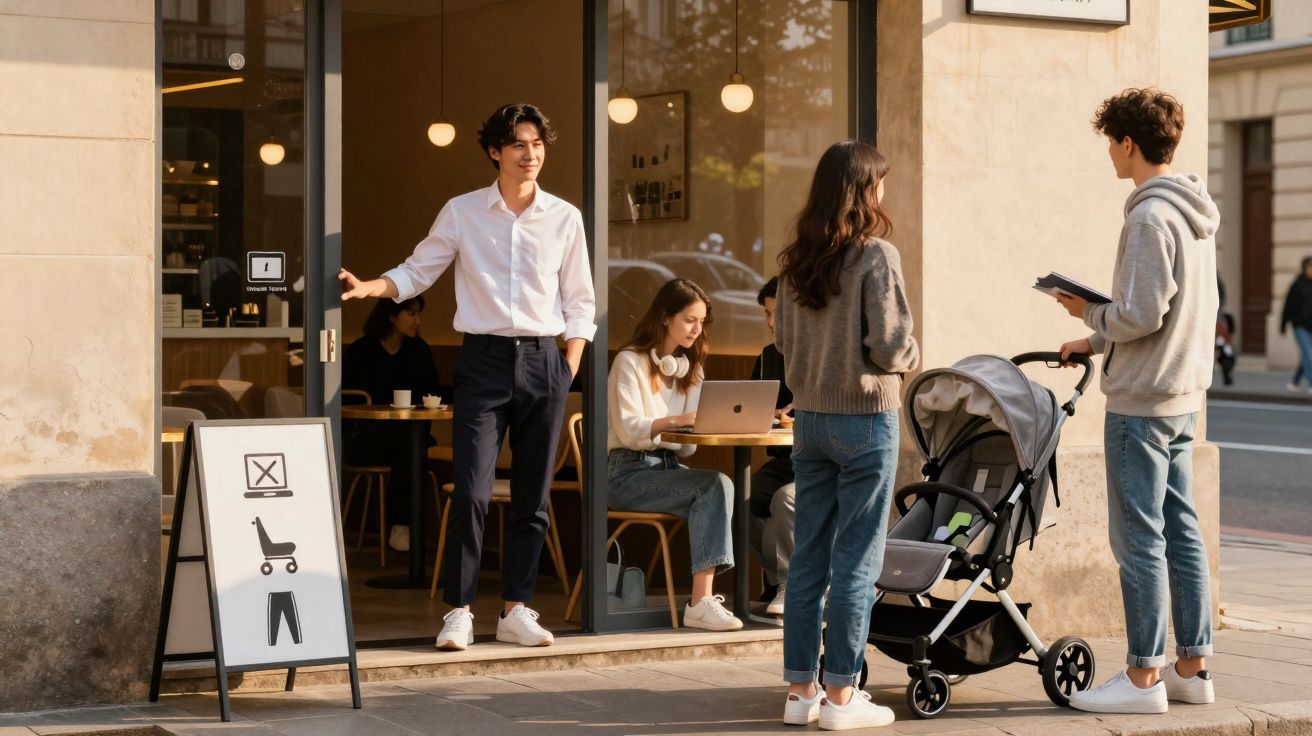 Homem de camisa branca abrindo porta de loja enquanto casal com carrinho conversa na calçada em dia ensolarado.