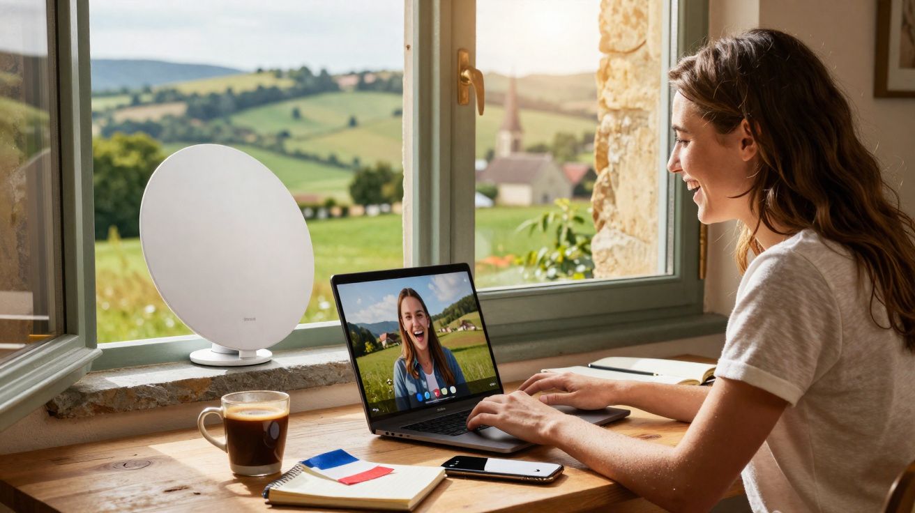 Mulher sorridente faz videochamada em laptop perto de janela com vista para campo e xícara de café na mesa.