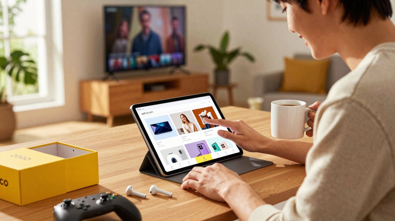Pessoa usando tablet para compras online com controle, fones e caneca em mesa de madeira.