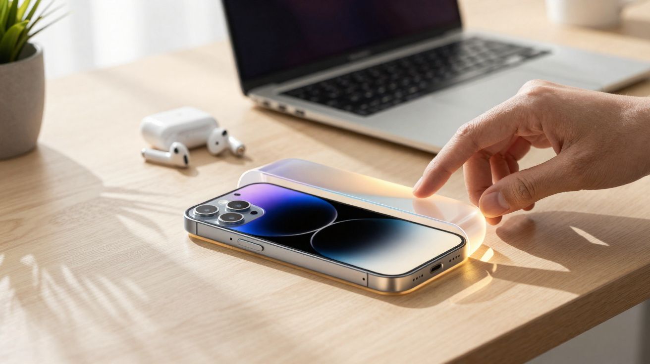 Pessoa usando carregador sem fio para smartphone sobre mesa com fones e laptop ao fundo.