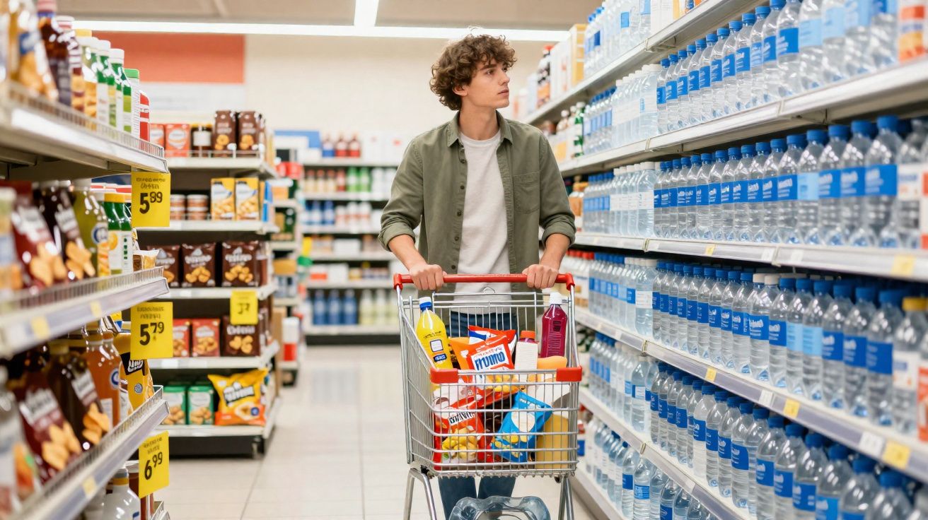 Homem jovem empurrando carrinho com compras em corredor de supermercado entre bebidas e biscoitos.
