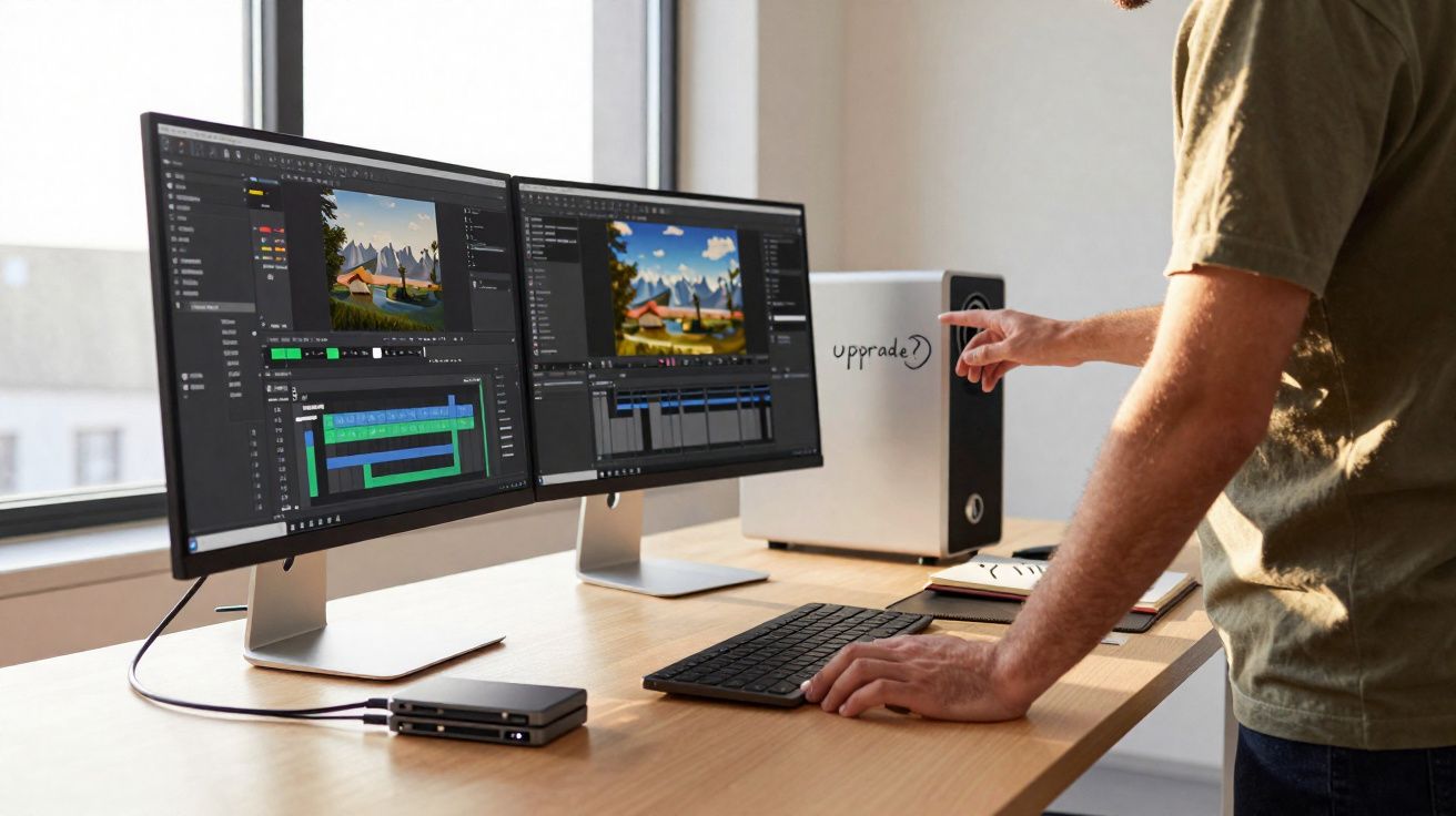 Pessoa editando vídeo em computador com duas telas em mesa de madeira próxima a janela.