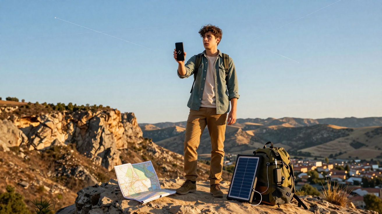 Jovem com mochila e mapa em rocha, usando celular ao pôr do sol em paisagem montanhosa e cidade ao fundo.