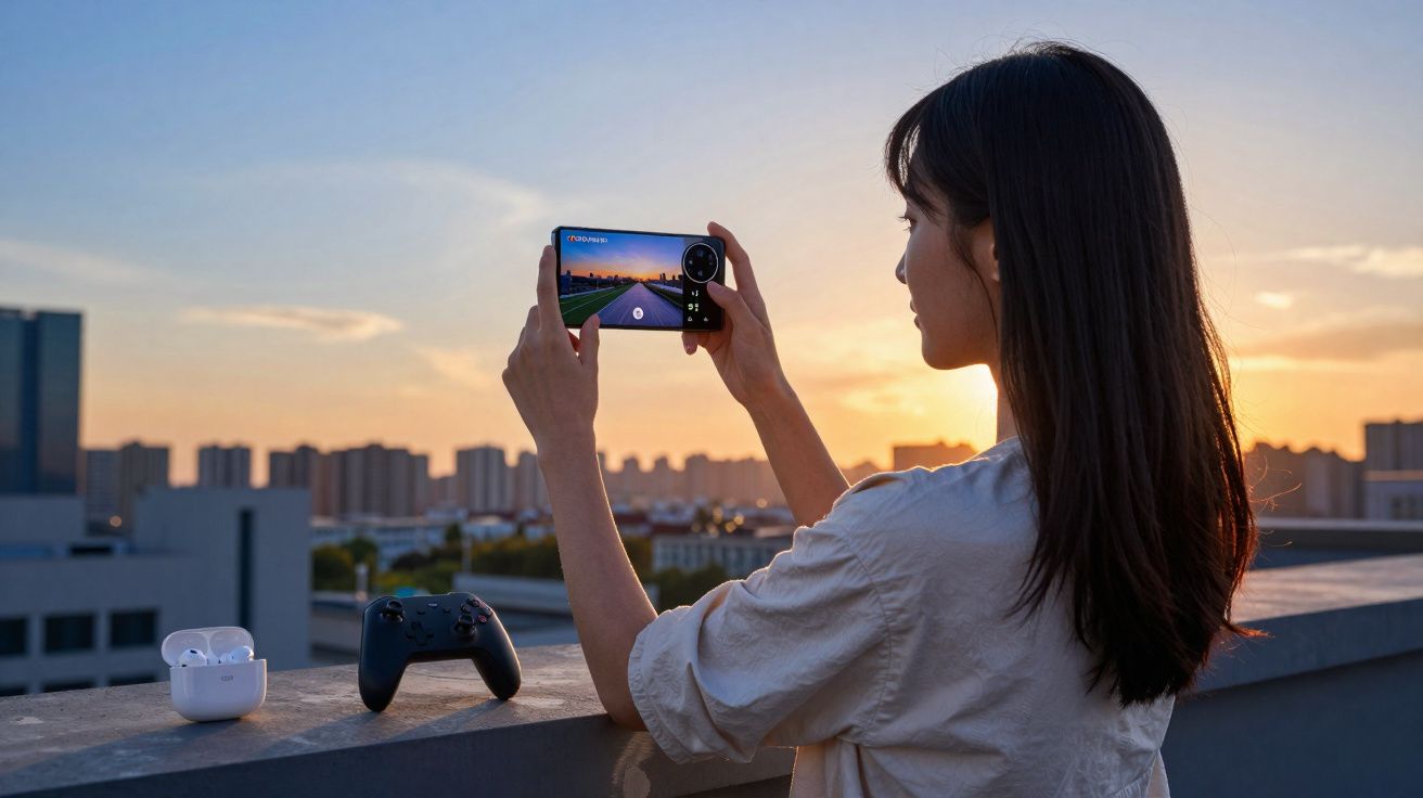 Mulher fotografando o pôr do sol na cidade com smartphone, ao lado de fones de ouvido e controle de videogame.