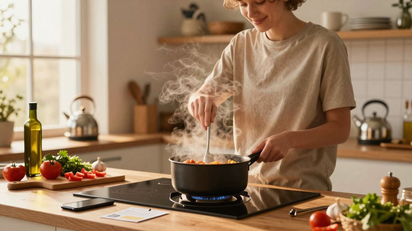 Pessoa cozinhando em panela fumegante no fogão em cozinha moderna e iluminada.