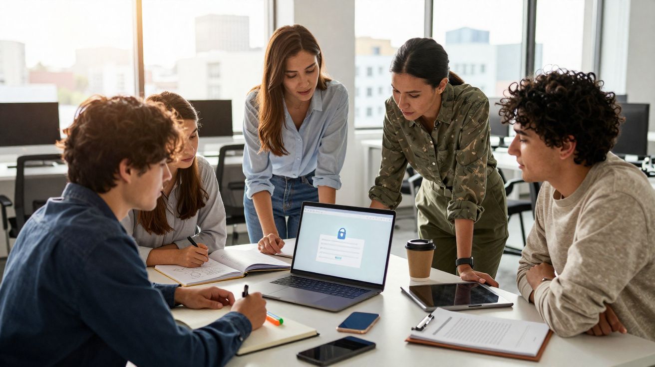 Grupo de jovens reunidos em escritório, discutindo conteúdo mostrado em laptop.