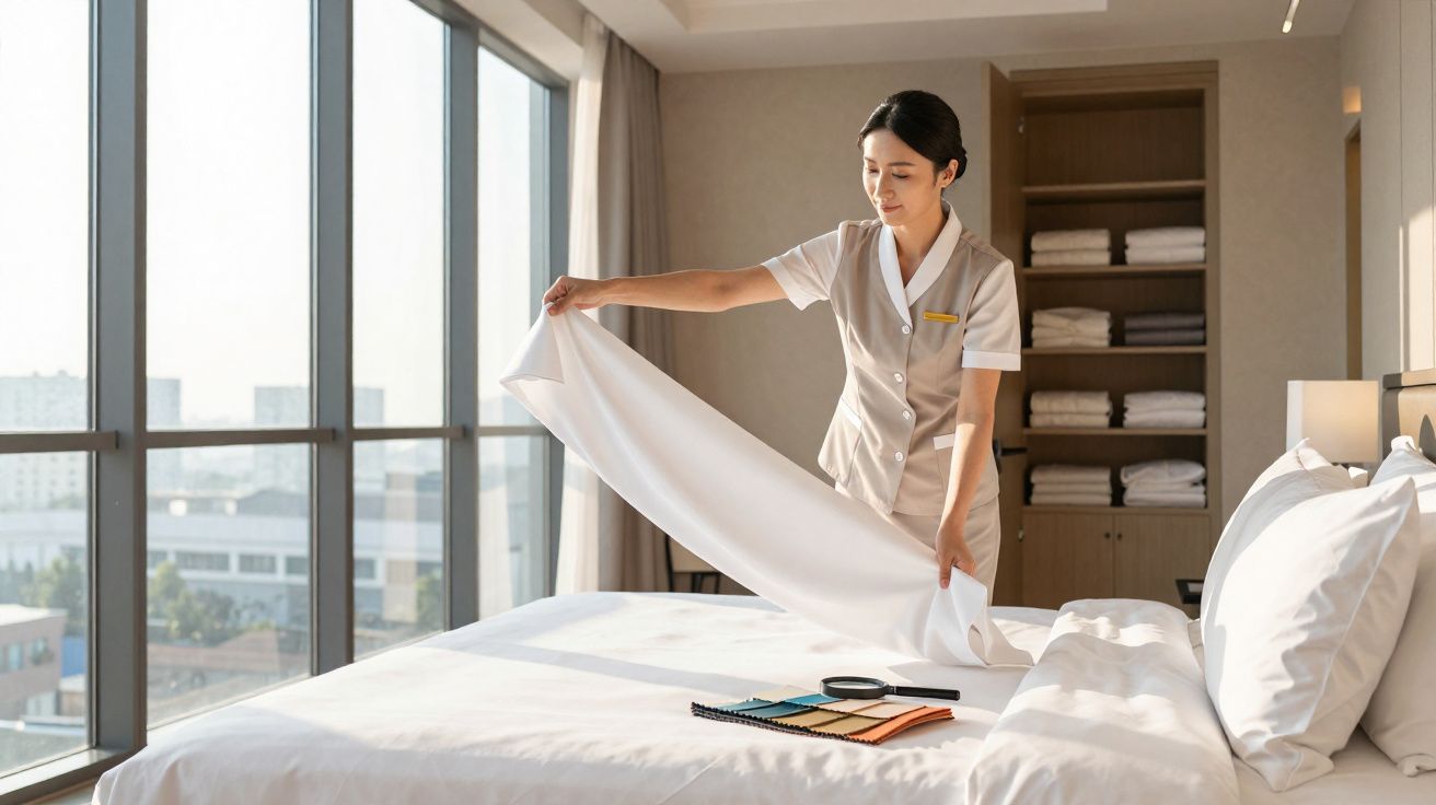 Funcionária de hotel arrumando cama com lençol branco em quarto iluminado por janela grande.
