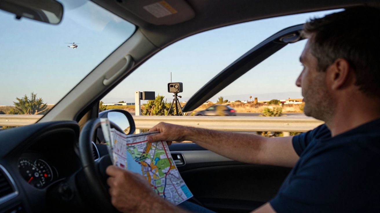 Homem dirigindo enquanto consulta um mapa dentro de um carro na estrada com radar e helicóptero ao fundo.