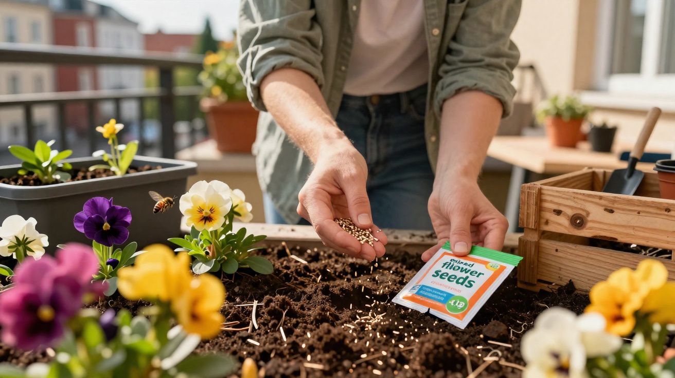 Pessoa sem identificação visível plantando sementes de flores em jardinete com flores coloridas ao redor.