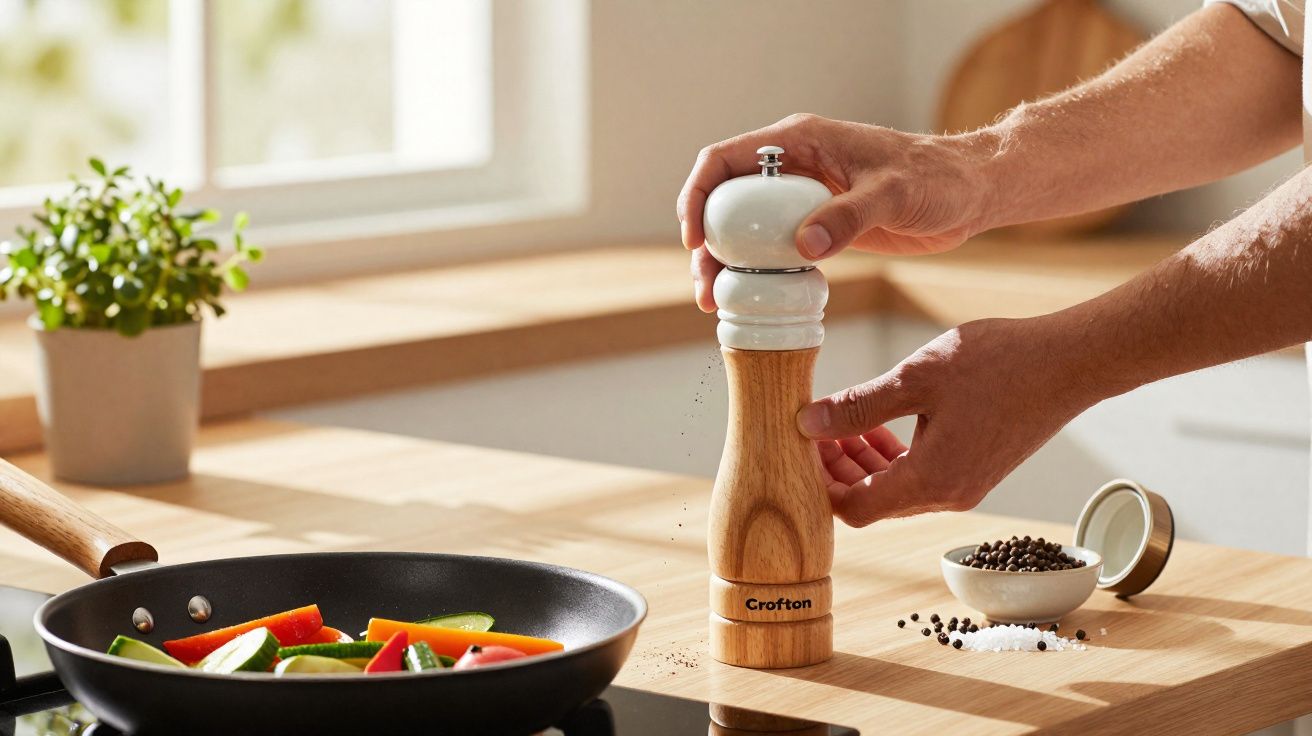 Mãos moendo pimenta em moedor de madeira próximo a frigideira com legumes coloridos na cozinha.