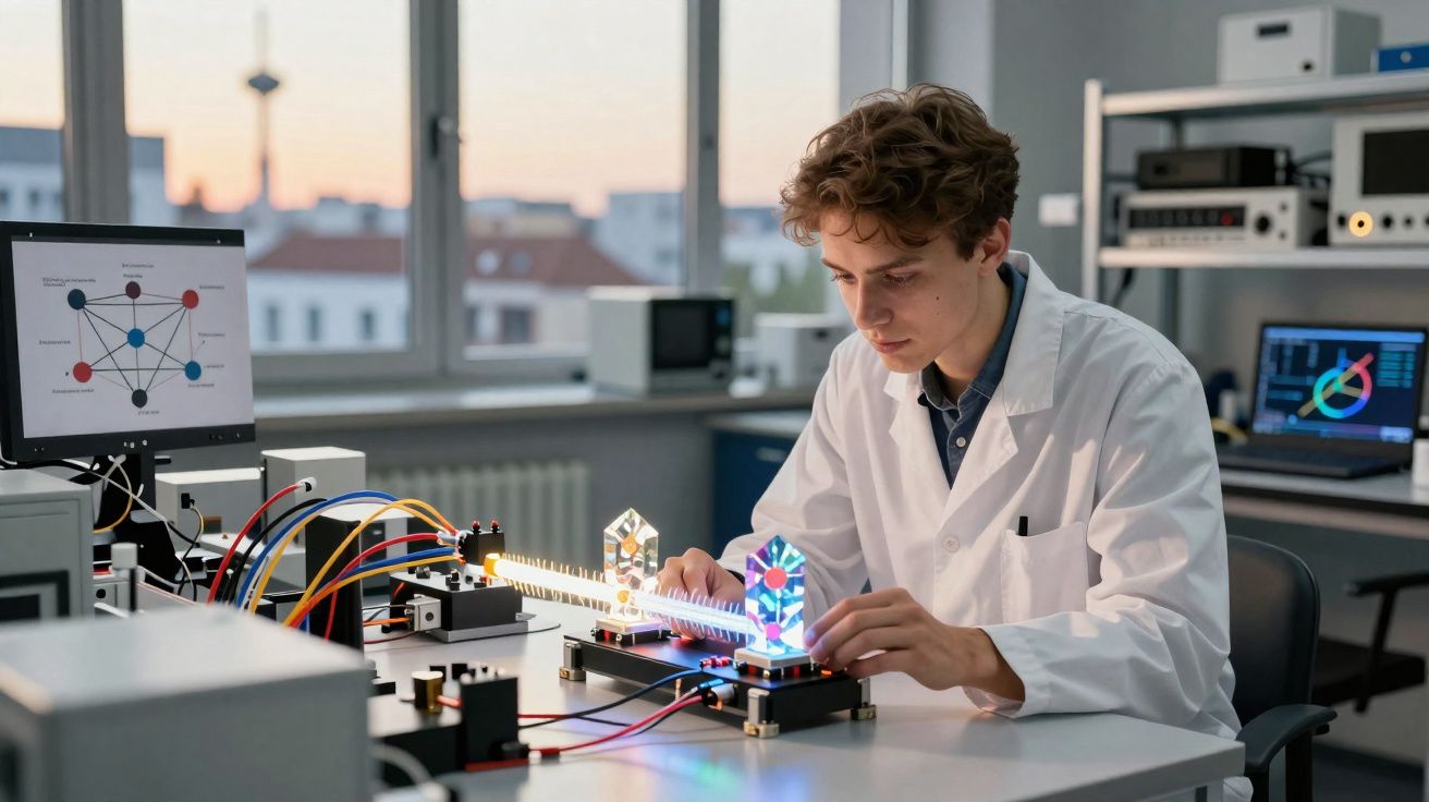Jovem cientista em laboratório manipula equipamento óptico com lasers coloridos em mesa de trabalho.