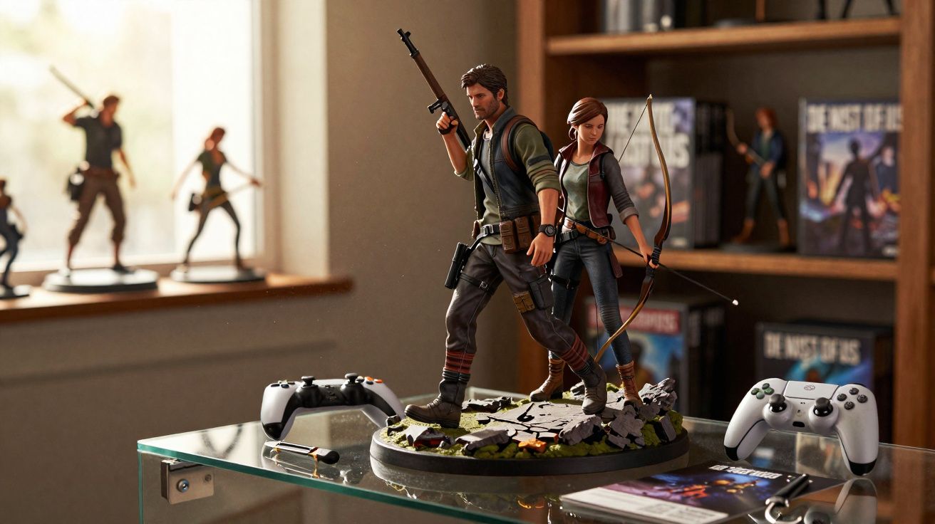 Estatueta de dois personagens do jogo The Last of Us em mesa de vidro com controles de videogame ao lado.