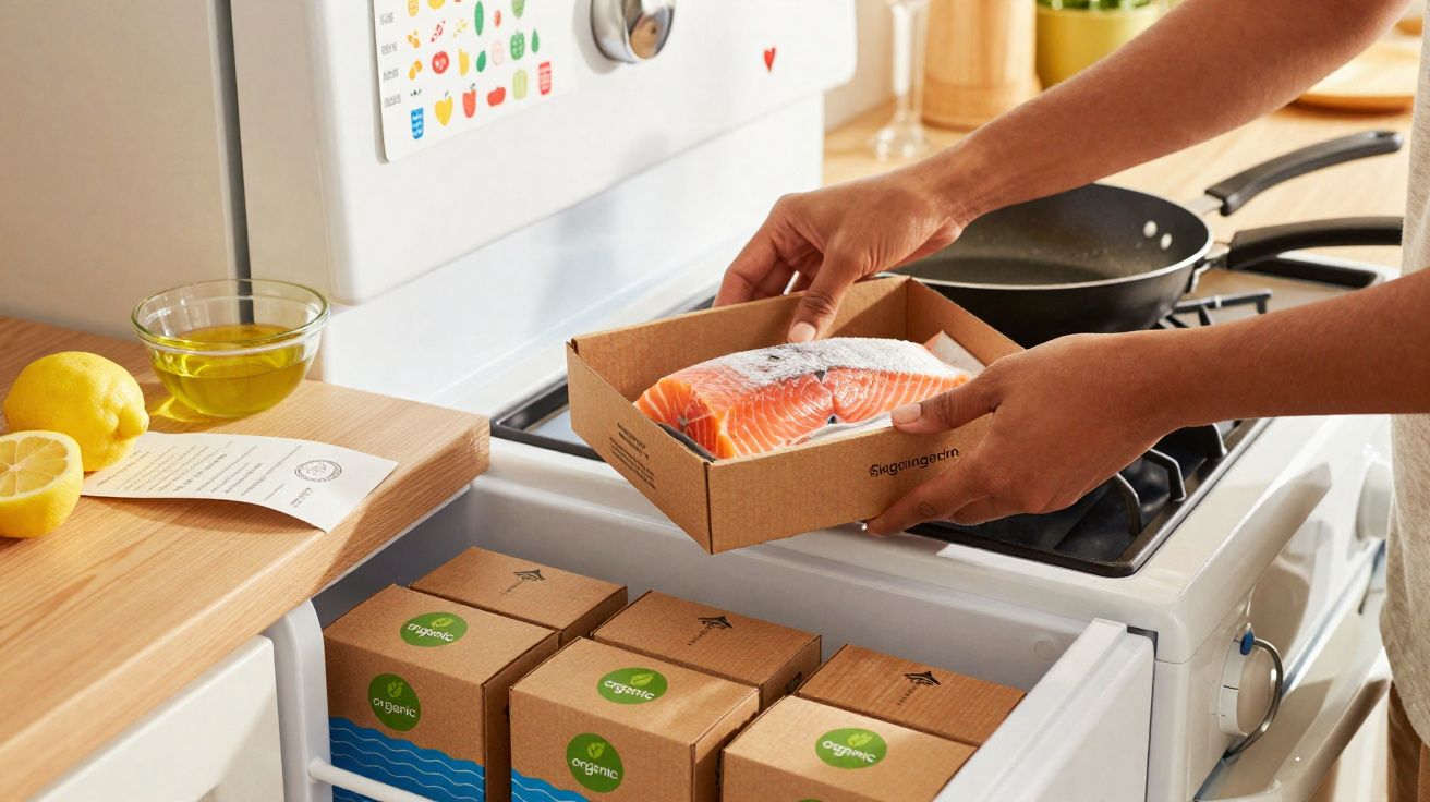 Mãos seguram embalagem com salmão para colocar em caixa térmica cheia de caixas orgânicas dentro de geladeira branca.