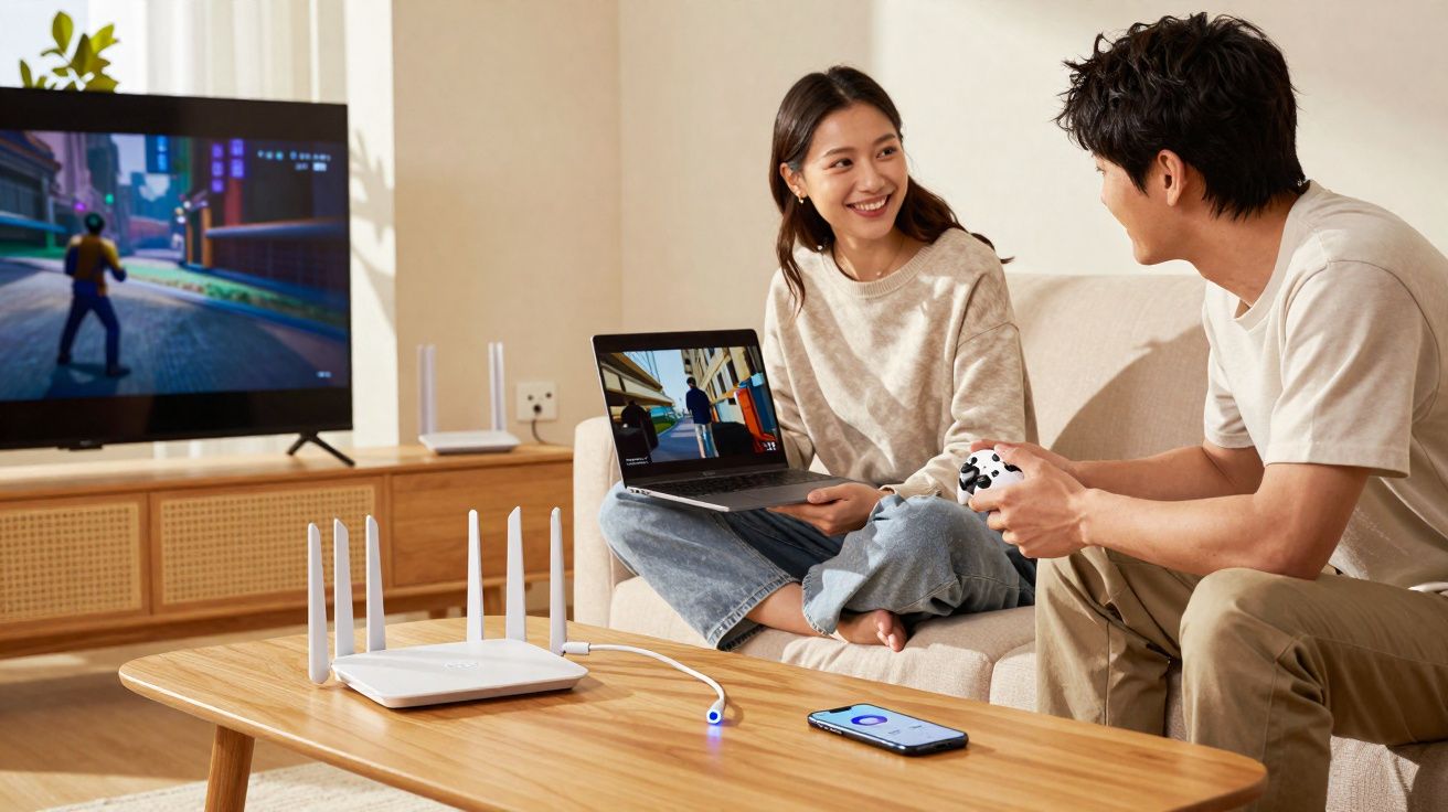 Casal sorrindo jogando videogame em sala com laptop, controle, roteador e TV ligada ao jogo.