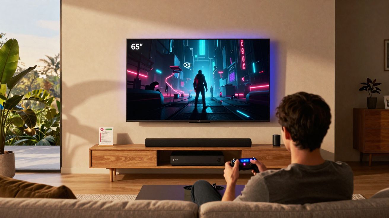Jovem sentado no sofá jogando videogame em TV de 65 polegadas em sala moderna com luz natural.