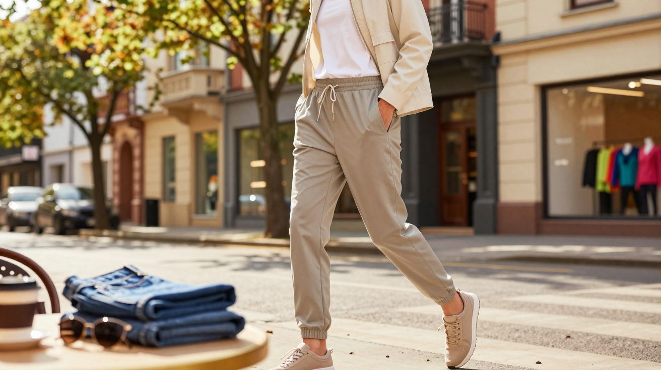 Pessoa caminhando em rua urbana usando calça bege, tênis nude e jaqueta clara em dia ensolarado.