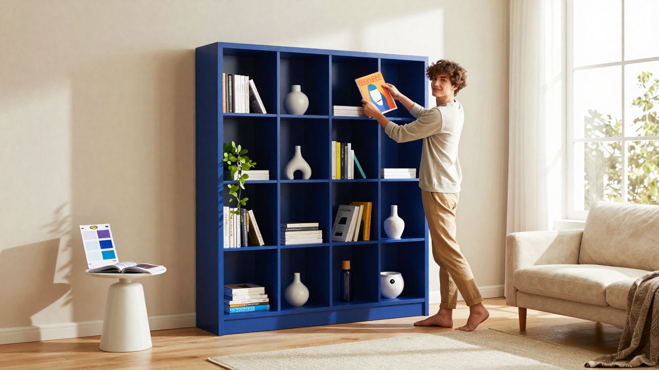 Pessoa organizando livro em estante azul em sala de estar iluminada com sofá bege e mesa lateral branca.