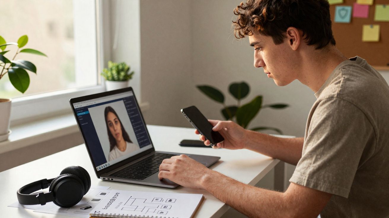 Jovem sentado à mesa em chamada de vídeo no laptop enquanto segura um celular em ambiente iluminado.