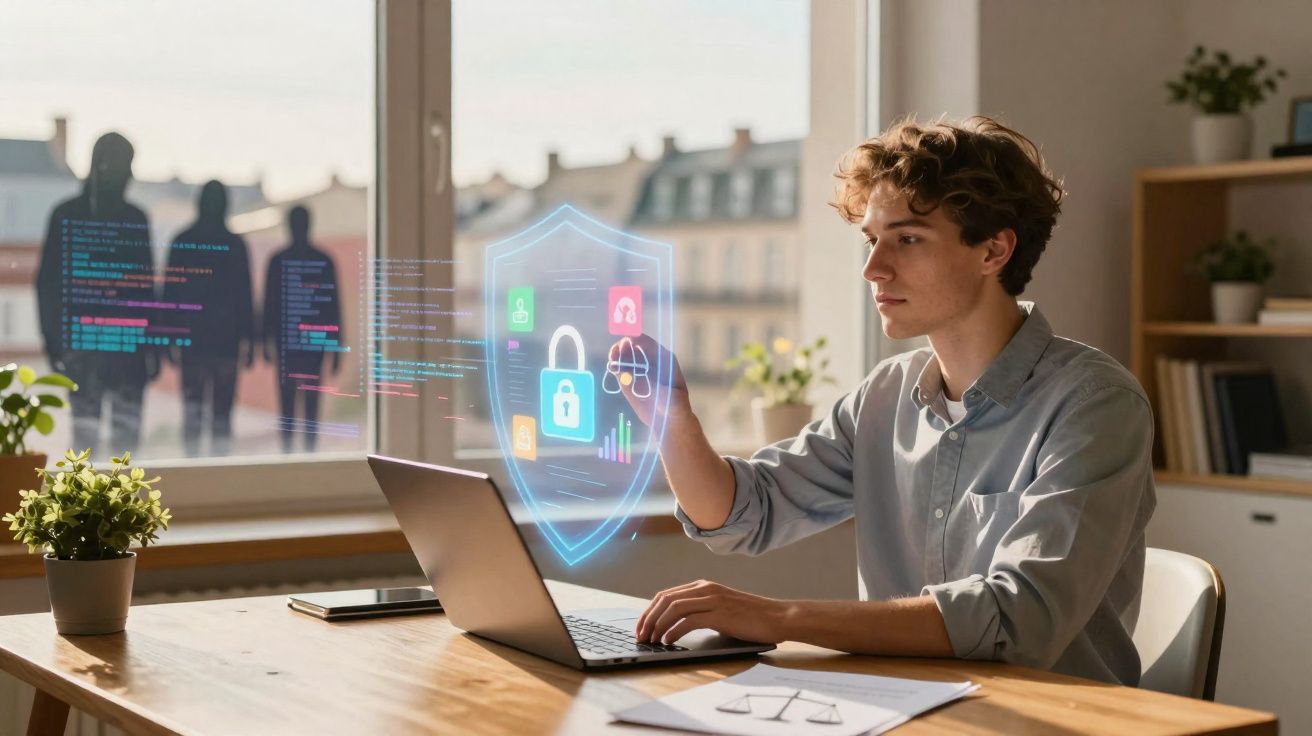 Jovem usando laptop e interagindo com holograma de escudo digital de segurança em escritório.