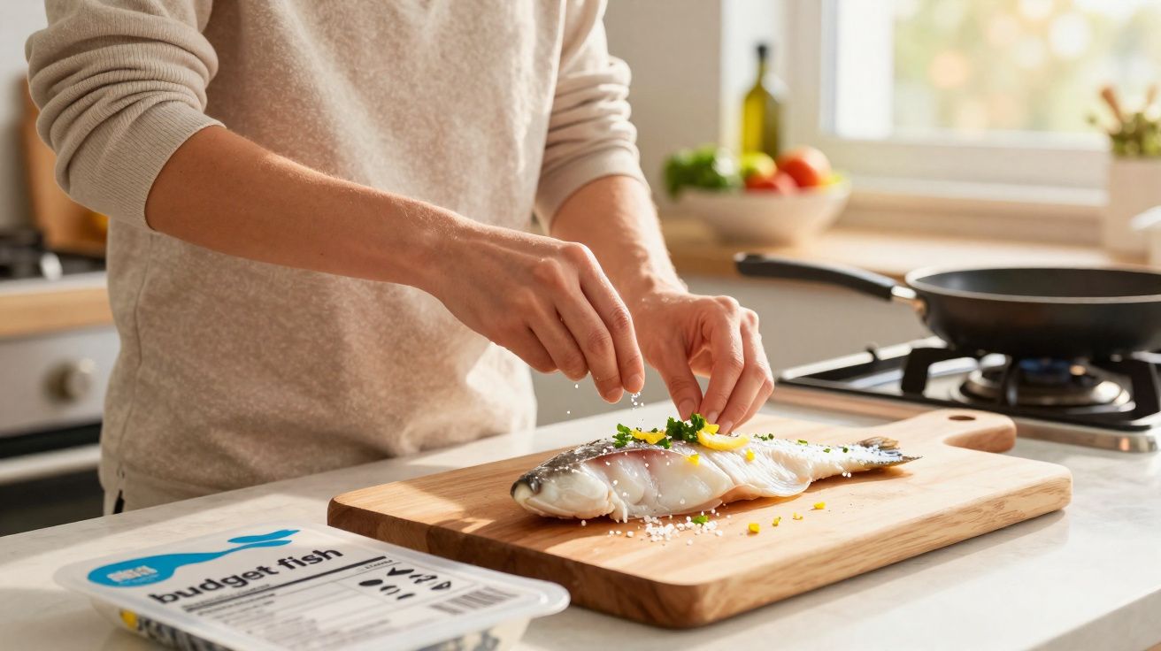 Pessoa temperando peixe fresco com ervas e sal sobre tábua de madeira em cozinha iluminada.