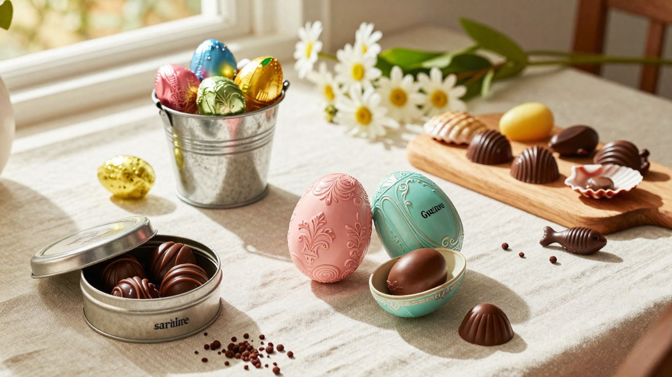 Ovos de Páscoa decorados, chocolates variados e flores sobre uma mesa próxima à janela iluminada.