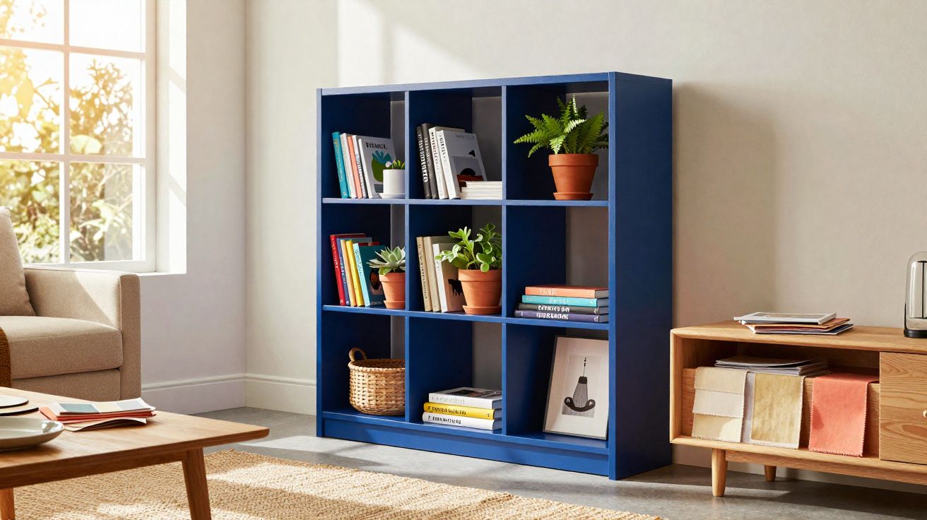 Estante azul com prateleiras ocupadas por livros, vasos de plantas e objetos decorativos em sala iluminada.