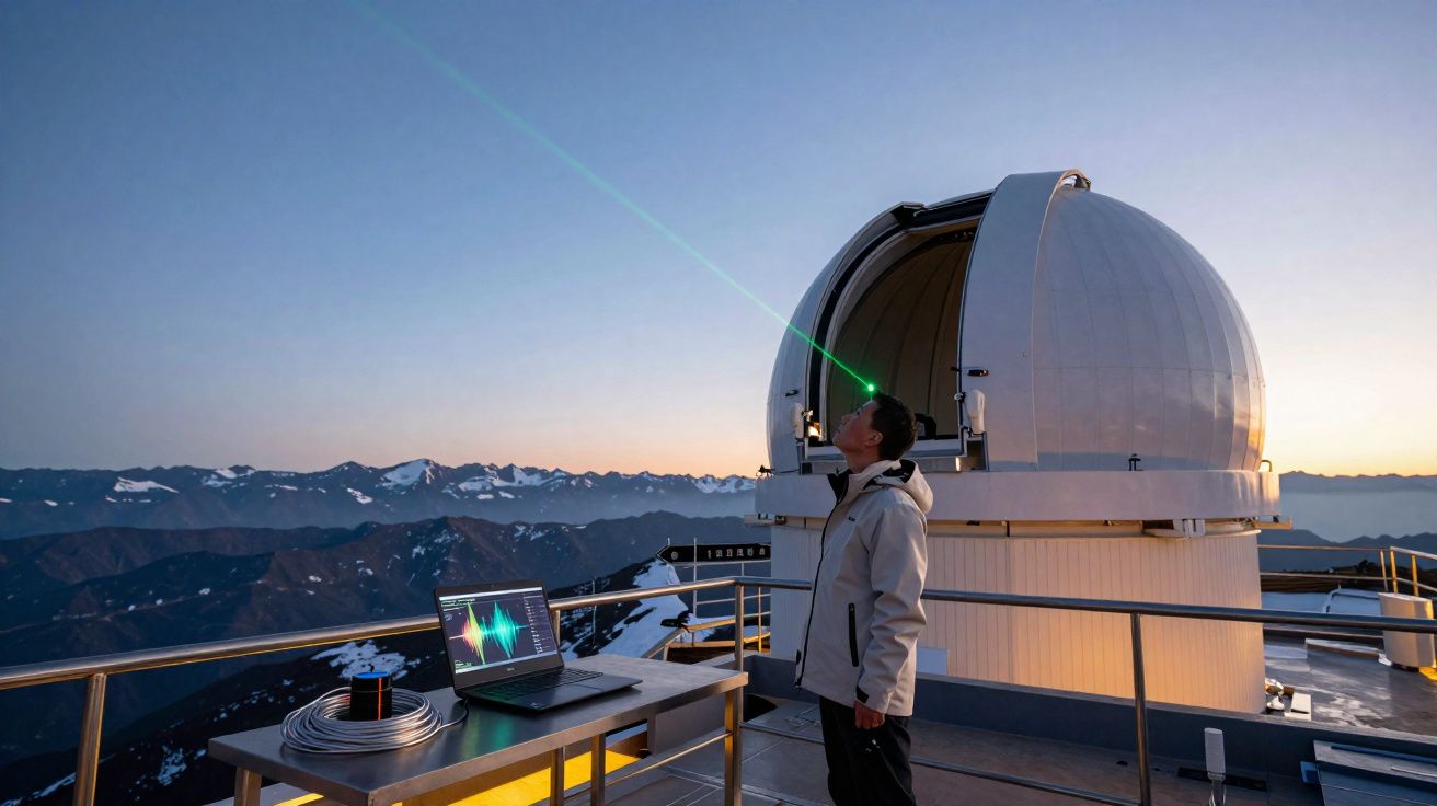 Homem em observatório usando laser verde para pesquisa astronômica ao entardecer nas montanhas.