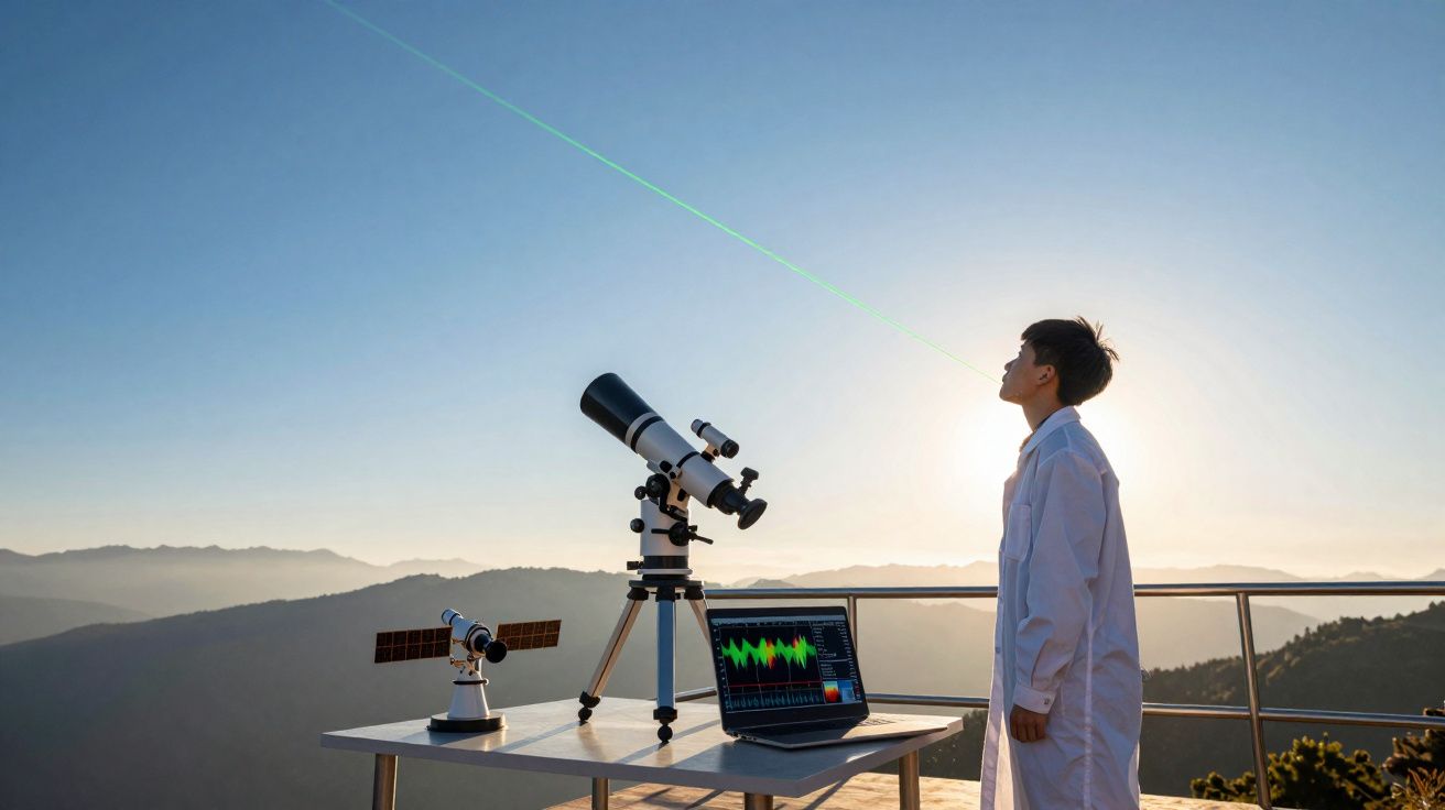 Pessoa em jaleco observa laser verde ao pôr do sol com telescópio e laptop em mesa externa na montanha.