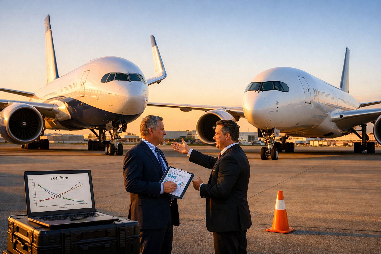 Dois homens em terno conversam no aeroporto com dois aviões e um laptop mostrando gráfico ao fundo.
