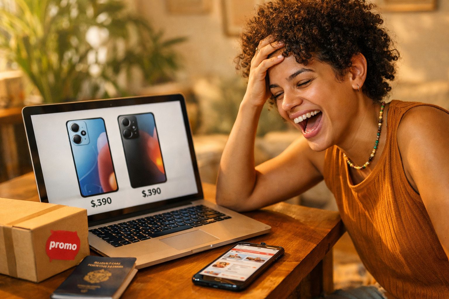 Mulher sorrindo olhando promoção de celulares em um laptop em uma mesa de madeira.